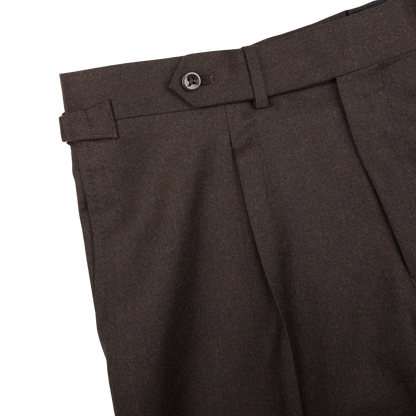 A close up of a Ring Jacket Dark Brown Wool Flannel DB Suit pants made with pure wool flannel.