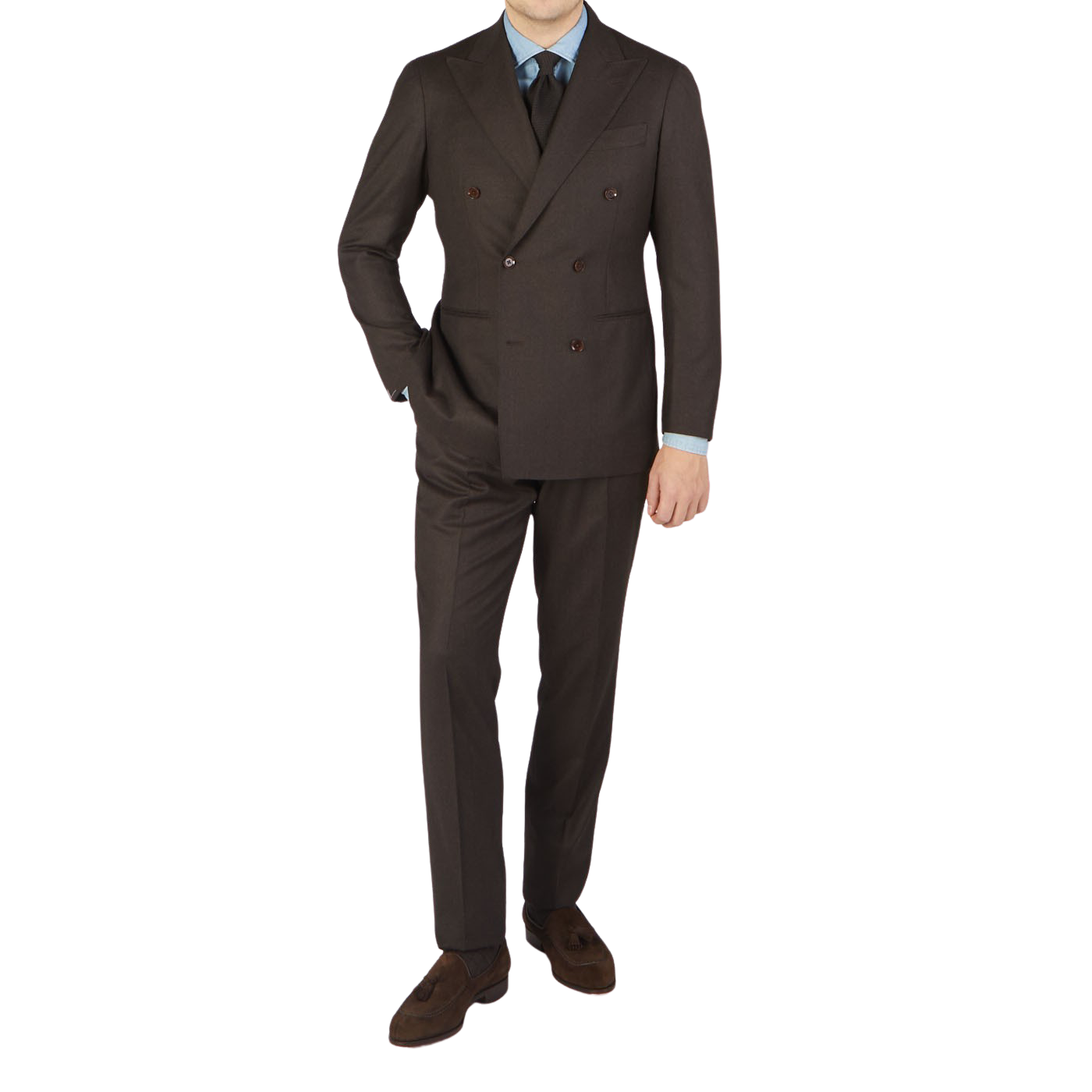 A man is gracefully posing in a Ring Jacket Dark Brown Wool Flannel DB Suit, tailored with pure wool flannel for impeccable comfort and showcasing a full canvas construction.