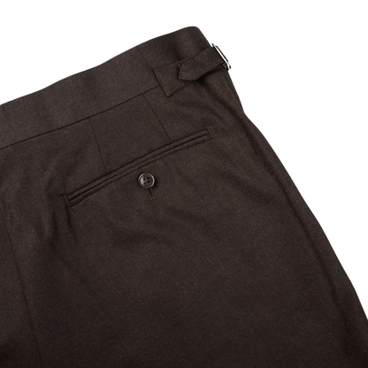 A close up of a full canvas construction Ring Jacket Dark Brown Wool Flannel DB Suit pants.