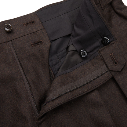 A close up of a Ring Jacket Dark Brown Wool Flannel DB Suit trouser.