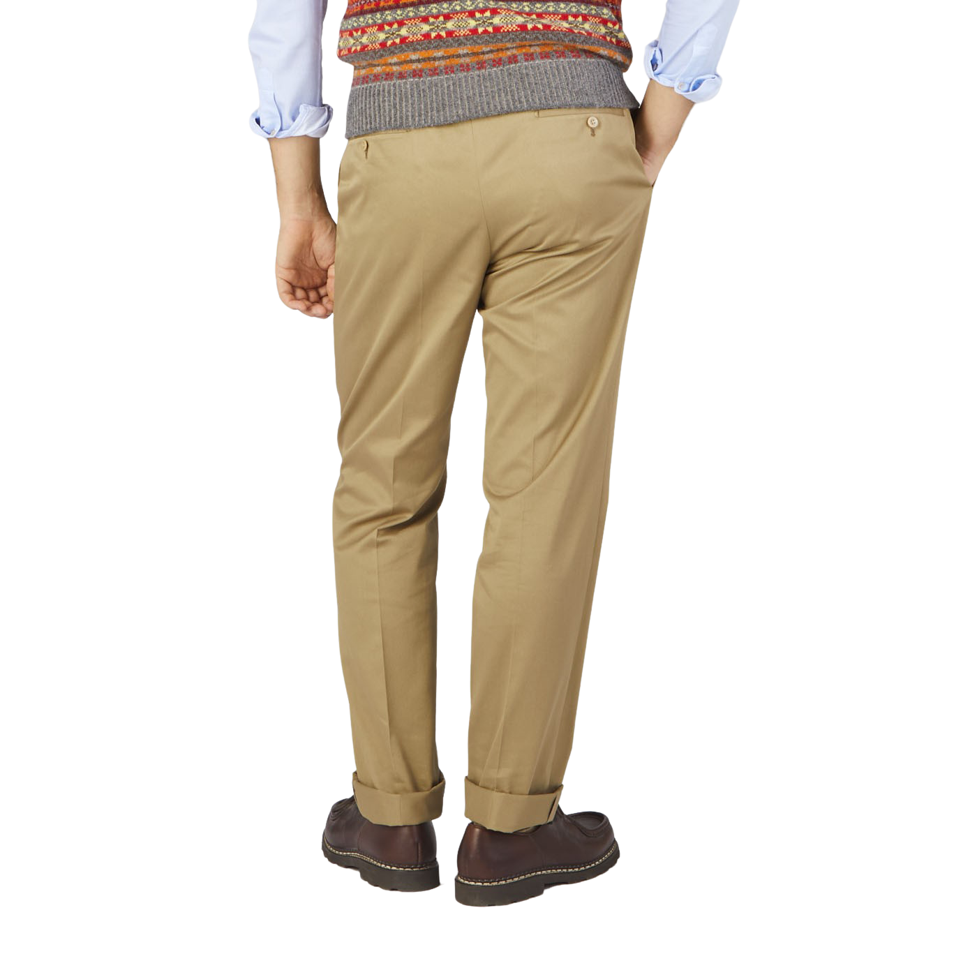 A man wearing a Ring Jacket sweater and Ring Jacket Khaki Beige Cotton Twill Pleated Trousers.