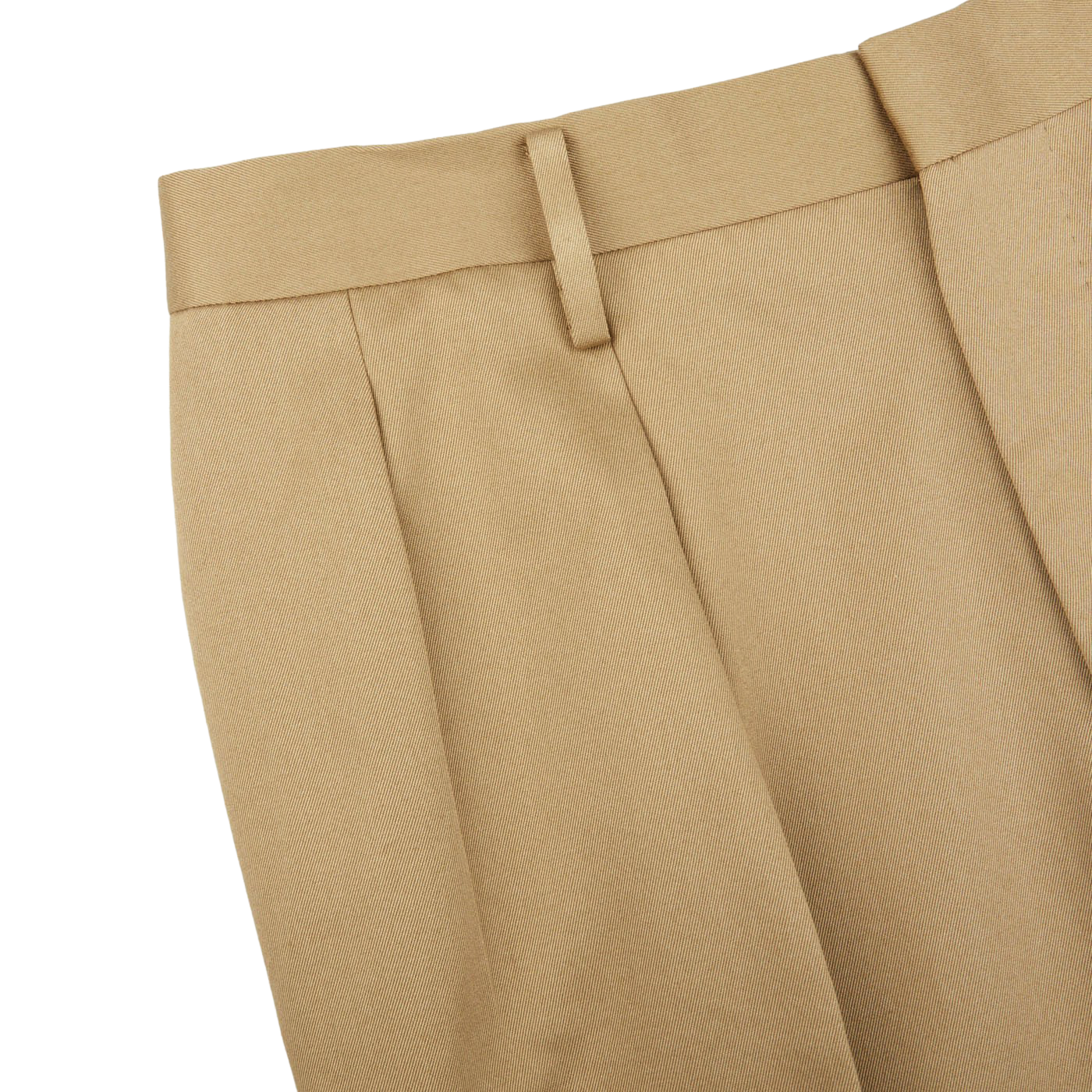A close up of a Ring Jacket Khaki Beige Cotton Twill Pleated Trousers.