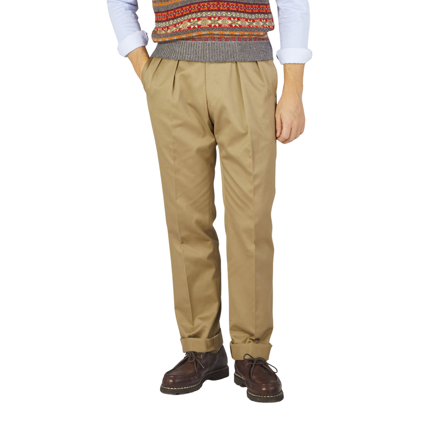 A man wearing Ring Jacket Khaki Beige Cotton Twill Pleated Trousers.