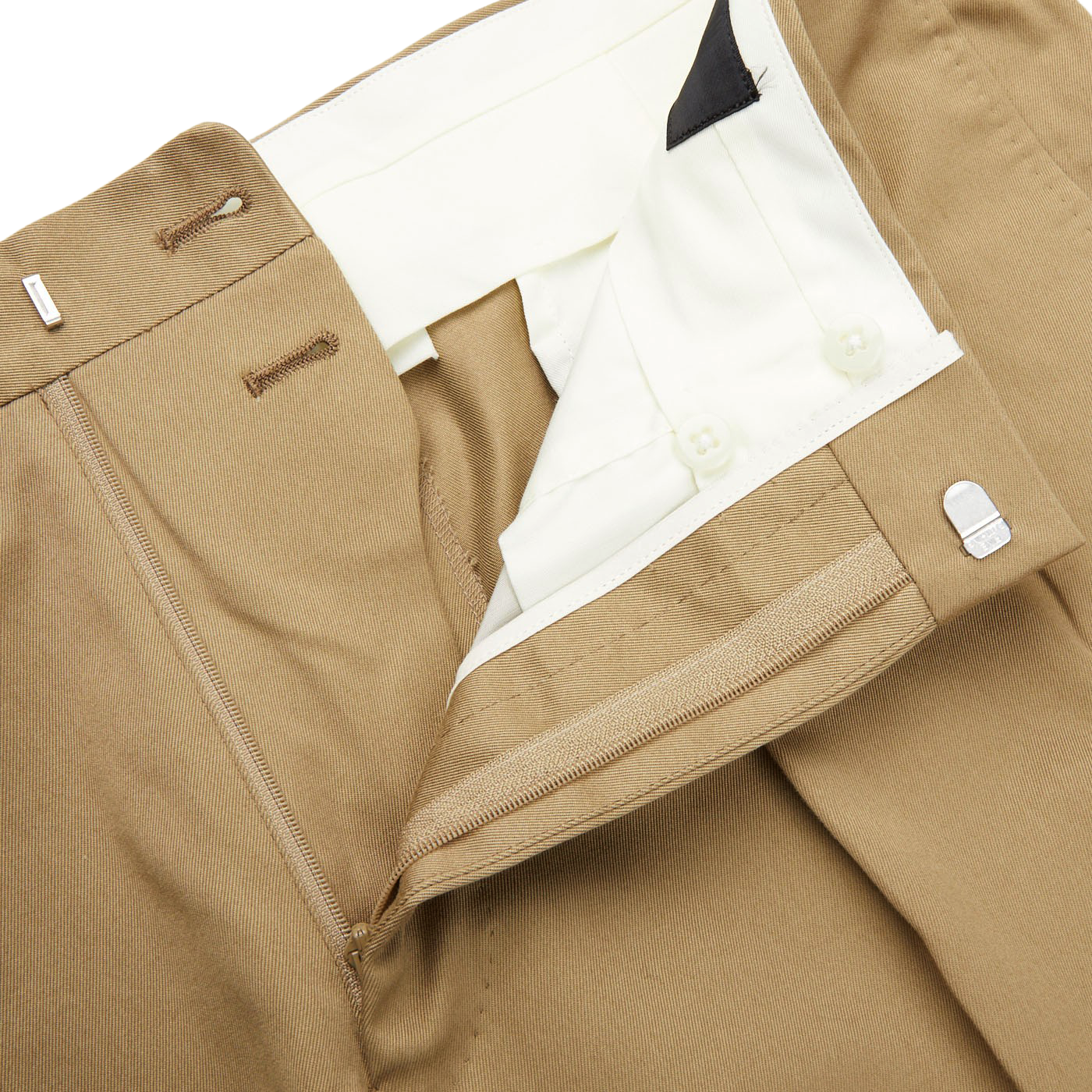 A pair of Ring Jacket khaki beige cotton twill pleated trousers with a white pocket.