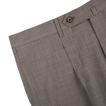 Close-up view of brown woolen dress pants with button closure from Ring Jacket Mid Grey High-Twist Wool Suit.
