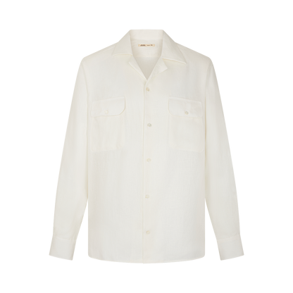 The Maurizio Baldassari White Linen Army Shirt features long sleeves, a pointed collar, two chest flap pockets, buttoned cuffs, and a relaxed fit for a classic minimalist look. Displayed against a plain white background. , available at Richard Gelding Mayfair