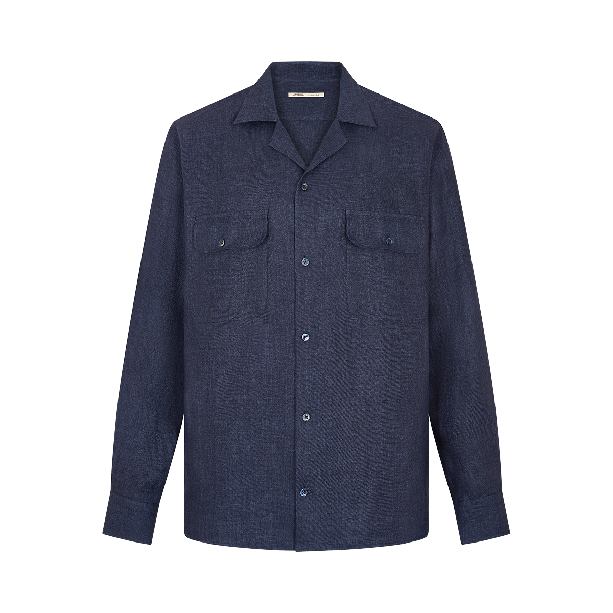 The Maurizio Baldassari Denim Blue Linen Army Shirt is a long-sleeved button-up with a straight collar and two buttoned chest pockets, featuring a clean design and shown against a plain white background. , available at Richard Gelding Mayfair