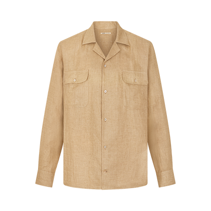 The Maurizio Baldassari Beige Linen Army Shirt features long sleeves, a classic collar, two button-flap chest pockets, and button cuffs. Displayed on a white background, its lightweight, textured linen-like fabric offers casual style. , available at Richard Gelding Mayfair