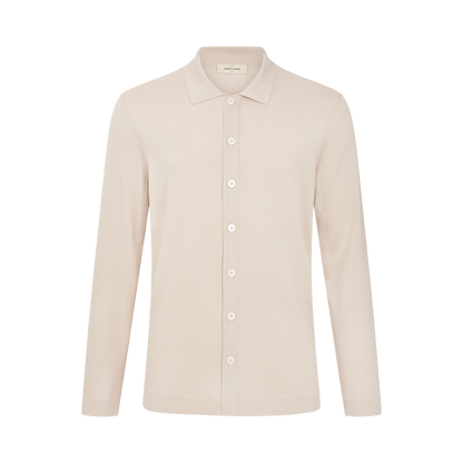 Beige Cotton Button-Through Knitted Polo