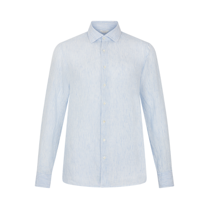 The Stenströms Blue Stripe Linen Slimline Shirt features light blue vertical stripes, long sleeves, a pointed collar, buttoned cuffs, and white front buttons, shown on a plain white background. , available at Richard Gelding Mayfair