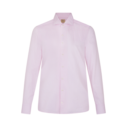 The Stenströms Light Pink Stripe Cotton/Linen Shirt features long sleeves, a classic collar, white buttons, and a tailored fit, shown against a plain white background. , available at Richard Gelding Mayfair