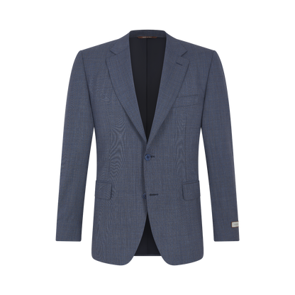 The Canali Blue Texture Design Wool Suit is a classic men's tailored blazer in muted blue, shown on a plain white background. It features a notched lapel, two-button closure, flap pockets, and a label on the left cuff—timeless formalwear. , available at Richard Gelding Mayfair
