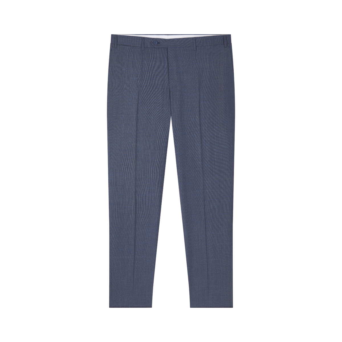 The Canali Blue Texture Design Wool Suit features a tailored fit and subtle texture, ideal for elevating men's formalwear. Includes belt loops, button and zipper closure, and pressed center creases. Shown on a plain white background. , available at Richard Gelding Mayfair