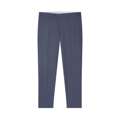 The Canali Blue Texture Design Wool Suit features a tailored fit and subtle texture, ideal for elevating men's formalwear. Includes belt loops, button and zipper closure, and pressed center creases. Shown on a plain white background. , available at Richard Gelding Mayfair