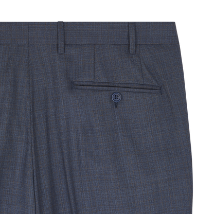 Close-up of Canali’s Blue Texture Design Wool Suit pants shows the waistband with belt loops, a single buttoned back pocket, and subtle vertical lines in the blue-gray heathered fabric—ideal for men's formalwear. , available at Richard Gelding Mayfair