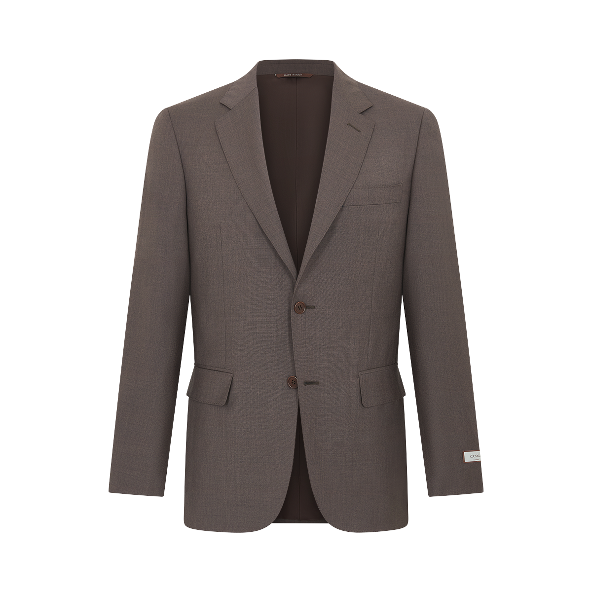 The Canali Dark Brown Tropical Wool Suit features a tailored single-breasted men’s blazer with notch lapels, two brown buttons, and flap pockets, inspired by a classic suit and shown against a plain white background. , available at Richard Gelding Mayfair