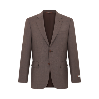 The Canali Dark Brown Tropical Wool Suit features a tailored single-breasted men’s blazer with notch lapels, two brown buttons, and flap pockets, inspired by a classic suit and shown against a plain white background. , available at Richard Gelding Mayfair