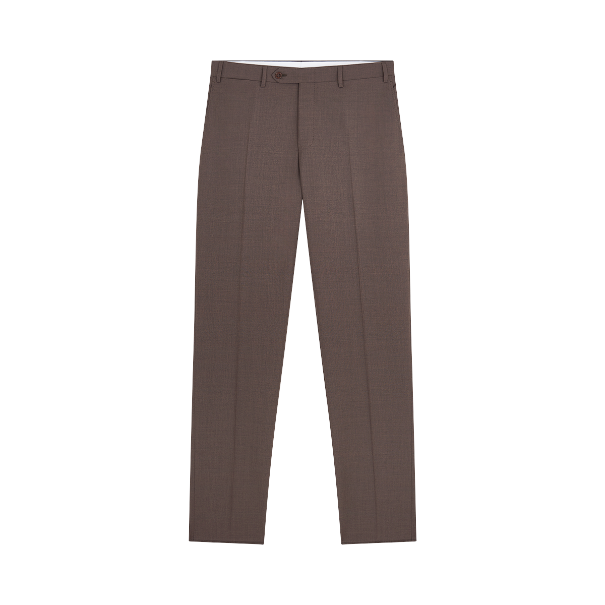 A pair of Canali Dark Brown Tropical Wool Suit pants for men, featuring a slim, tailored fit with front crease, belt loops, side pockets, and single button closure, laid flat on a plain white background. , available at Richard Gelding Mayfair