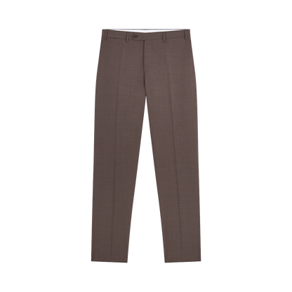 A pair of Canali Dark Brown Tropical Wool Suit pants for men, featuring a slim, tailored fit with front crease, belt loops, side pockets, and single button closure, laid flat on a plain white background. , available at Richard Gelding Mayfair