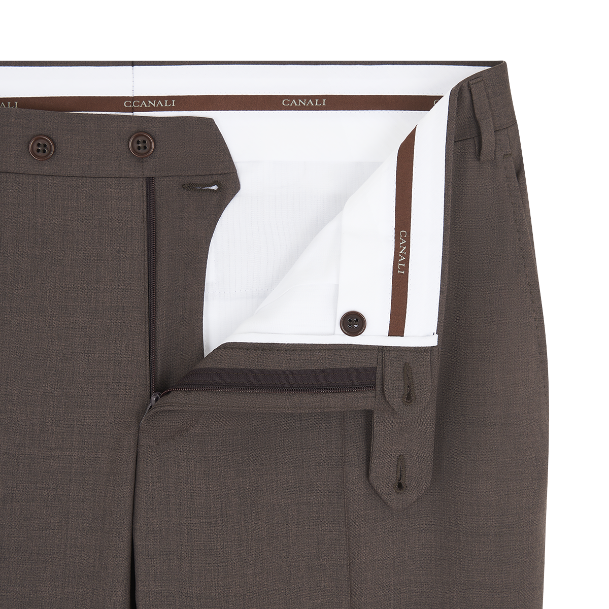 Close-up of Canali Dark Brown Tropical Wool Suit pants with unbuttoned waistband, partially open zipper showing white inner lining with brown trim and branding. Features include belt loops, double buttons, and finely textured fabric. , available at Richard Gelding Mayfair