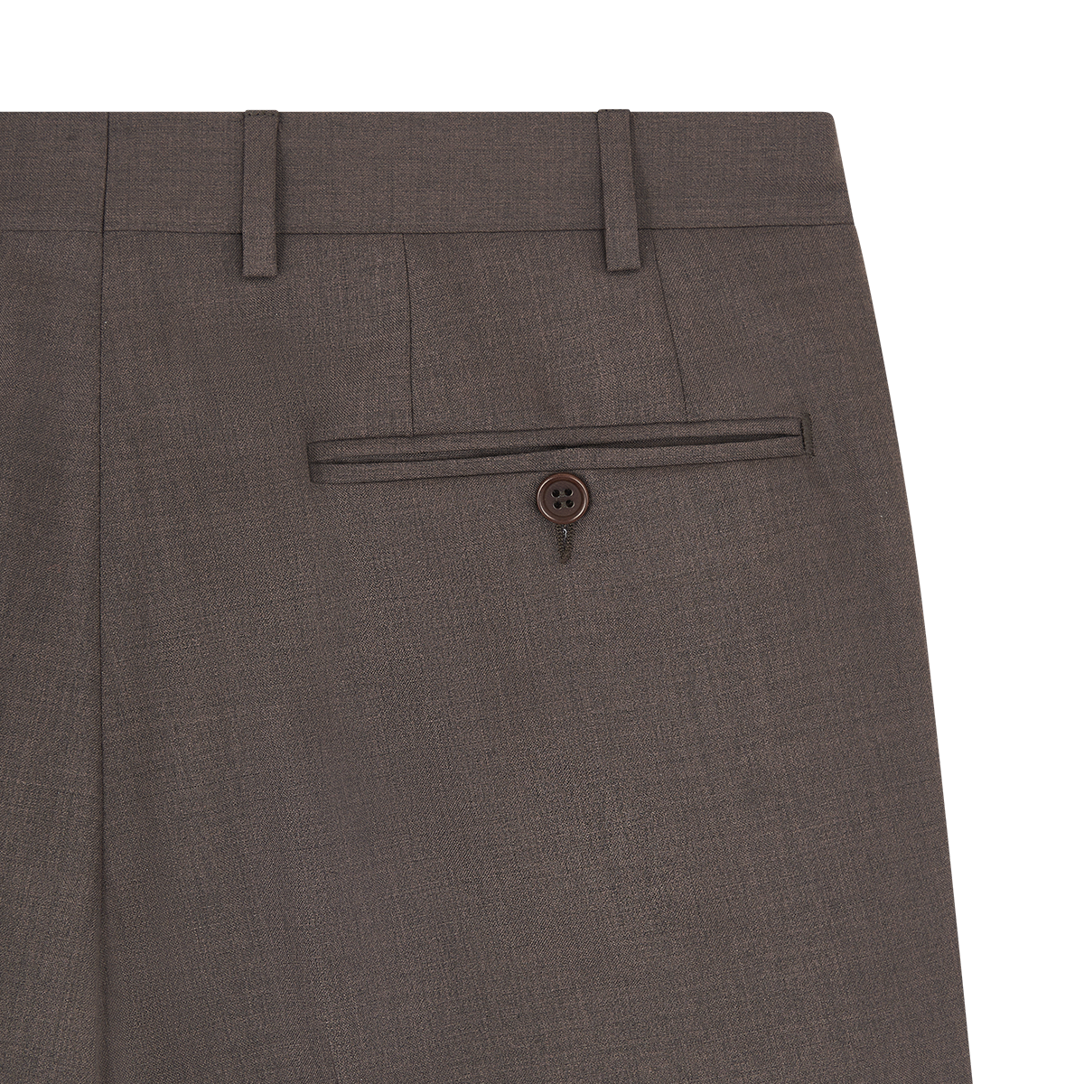 Close-up of Canali's Dark Brown Tropical Wool Suit pants, crafted from textured fabric with a single buttoned back pocket, belt loops, and a pressed seam. The plain white background highlights their classic style. , available at Richard Gelding Mayfair