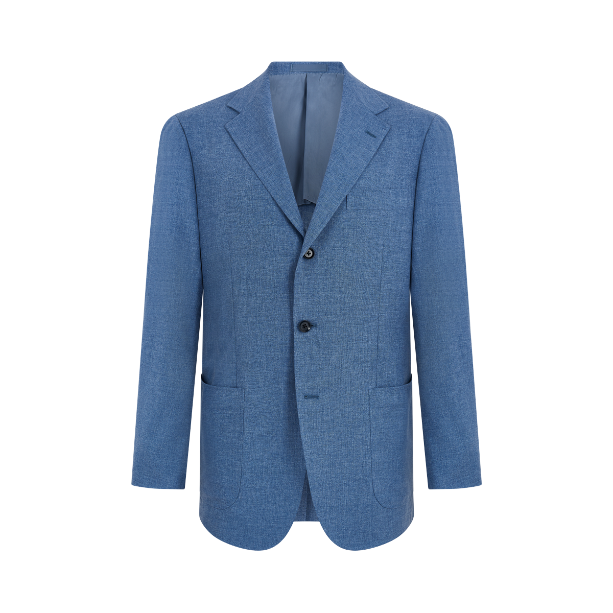The Ring Jacket Pale Blue Melange Tropical Wool/Cotton/Silk Suit features a single-breasted design with two dark buttons, notched lapels, patch pockets, and a welt chest pocket. Displayed on a white background with a modern, tailored fit. , available at Richard Gelding Mayfair