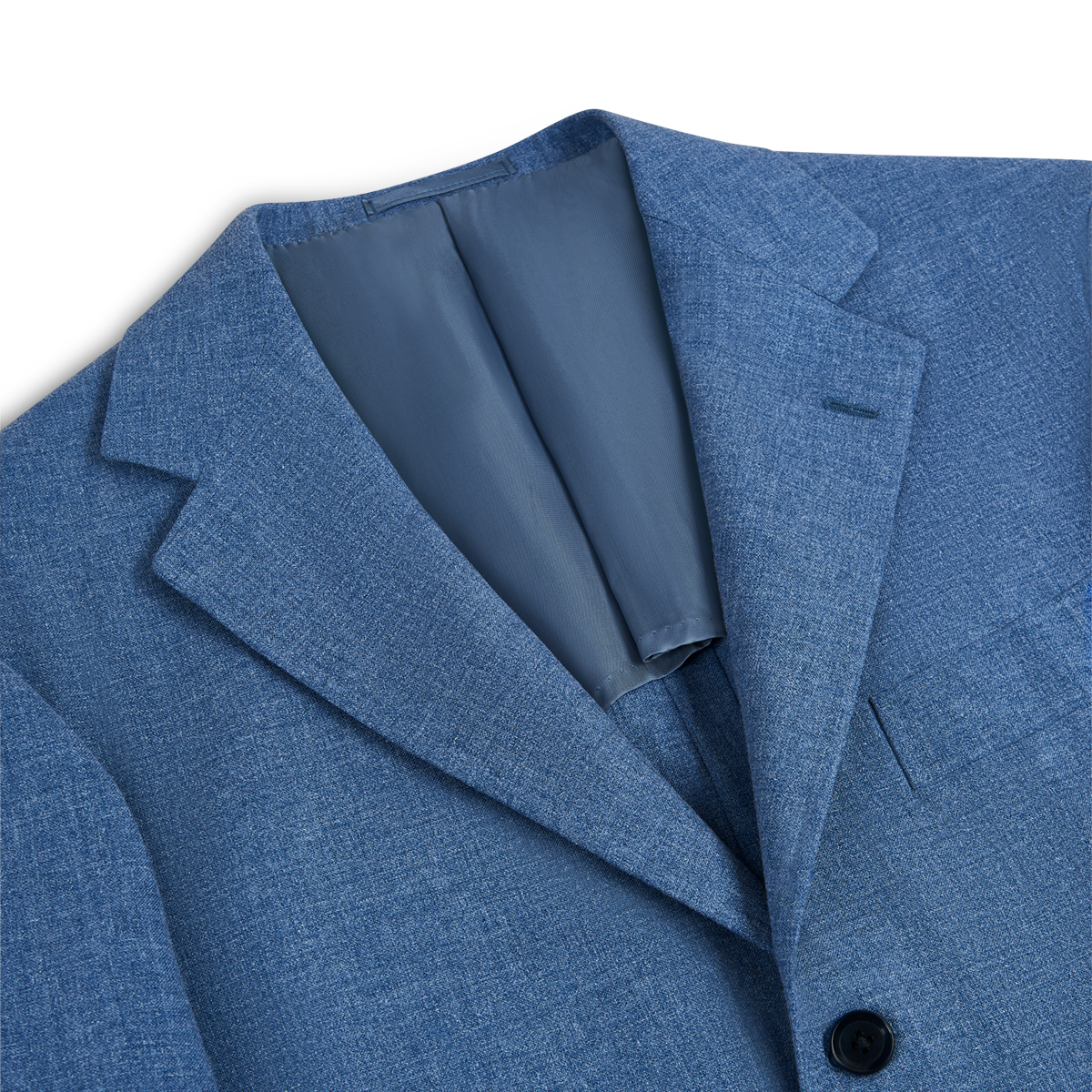Close-up of the Ring Jacket Pale Blue Melange Tropical Wool/Cotton/Silk Suit jacket, highlighting its textured fabric, notched lapel, chest pocket, two black buttons, smooth blue lining, and flat lay on a white background. , available at Richard Gelding Mayfair