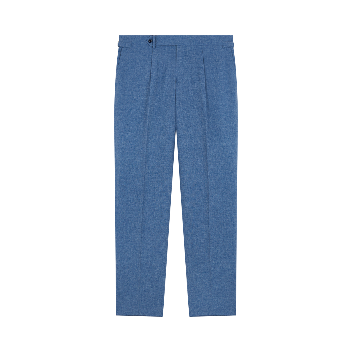 Flat lay of the Ring Jacket Pale Blue Melange Tropical Wool/Cotton/Silk Suit trousers, tailored with front pleats, belt loops, and a button-zip closure, neatly pressed and displayed on a plain white background. , available at Richard Gelding Mayfair