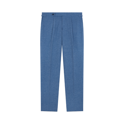 Flat lay of the Ring Jacket Pale Blue Melange Tropical Wool/Cotton/Silk Suit trousers, tailored with front pleats, belt loops, and a button-zip closure, neatly pressed and displayed on a plain white background. , available at Richard Gelding Mayfair