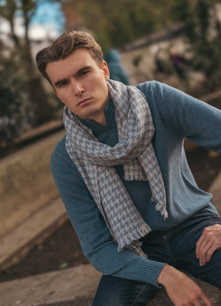 Teal Grey Herringbone Yak Wool Scarf