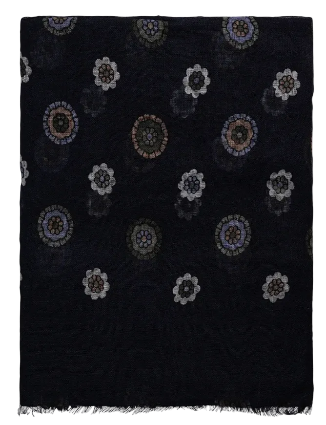 Navy Flower Medallion Linen Scarf