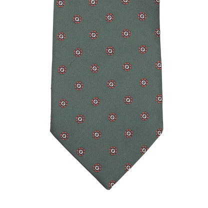 A Bottle Green Printed Medallion Silk Tie by Seaward & Stearn, featuring handmade craftsmanship with red and white circular medallion designs.