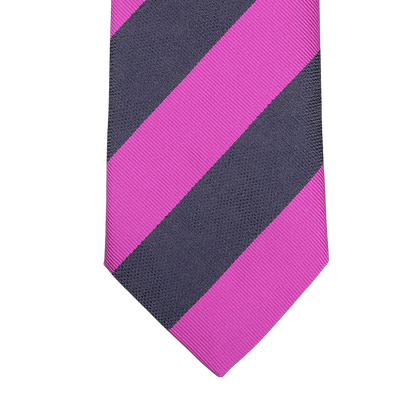 Close-up of the Fuschia Blue Striped Silk Tie by Seaward & Stearn, showcasing wide diagonal stripes in pink and dark gray, handmade in England.