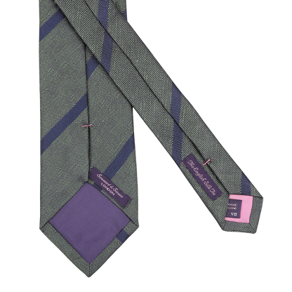 A Green Melange Striped Silk Tie by Seaward & Stearn, handmade in England from pure silk, is laid flat, highlighting the labels and stitching details.