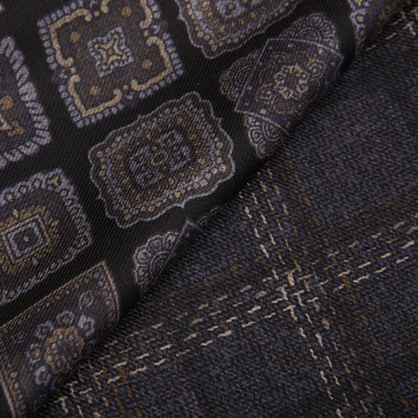A close up of a Silvio Fiorello Black Geometric Wool Silk Double Sided Scarf.