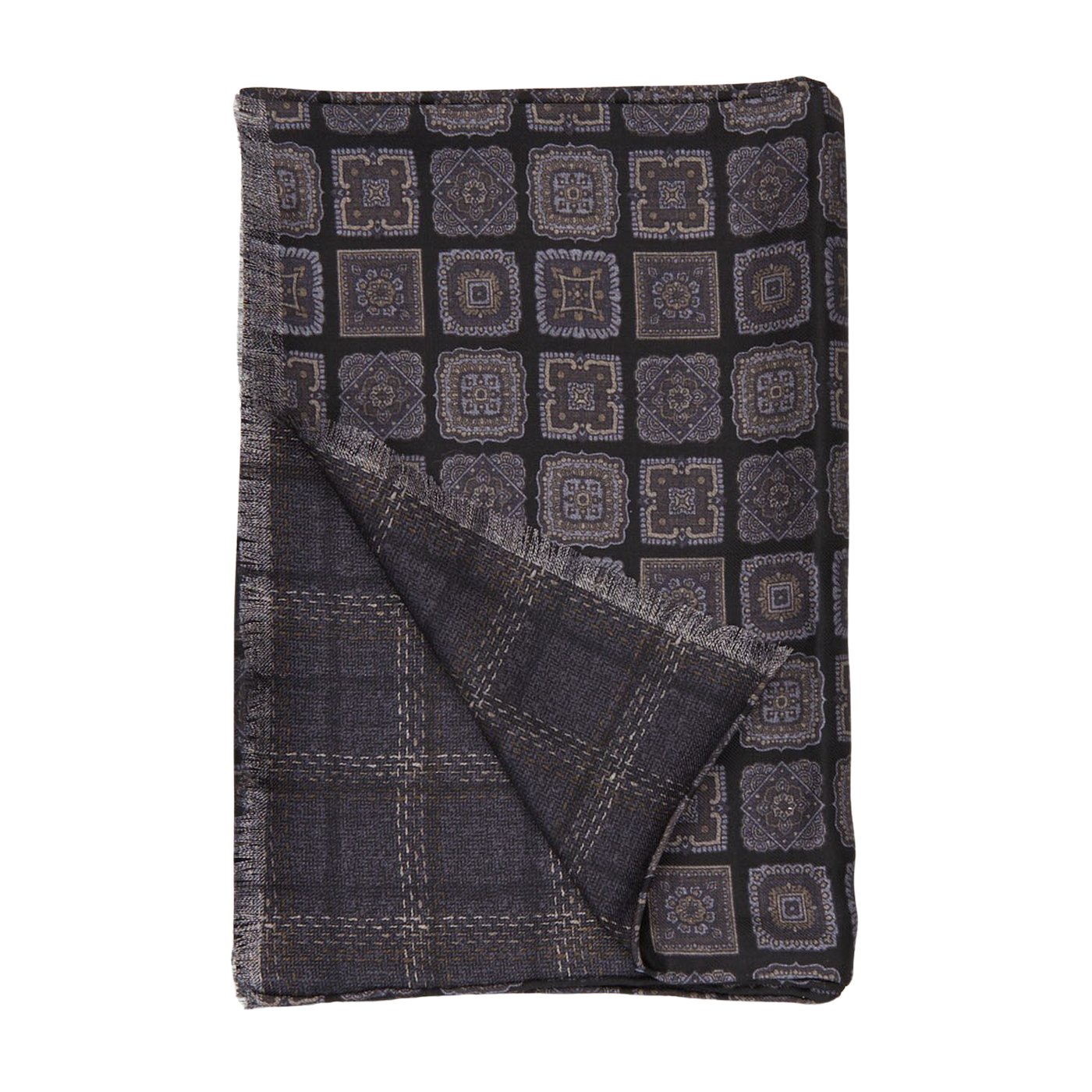 A Black Geometric Wool Silk Double Sided Scarf designed by Silvio Fiorello, on a white background.