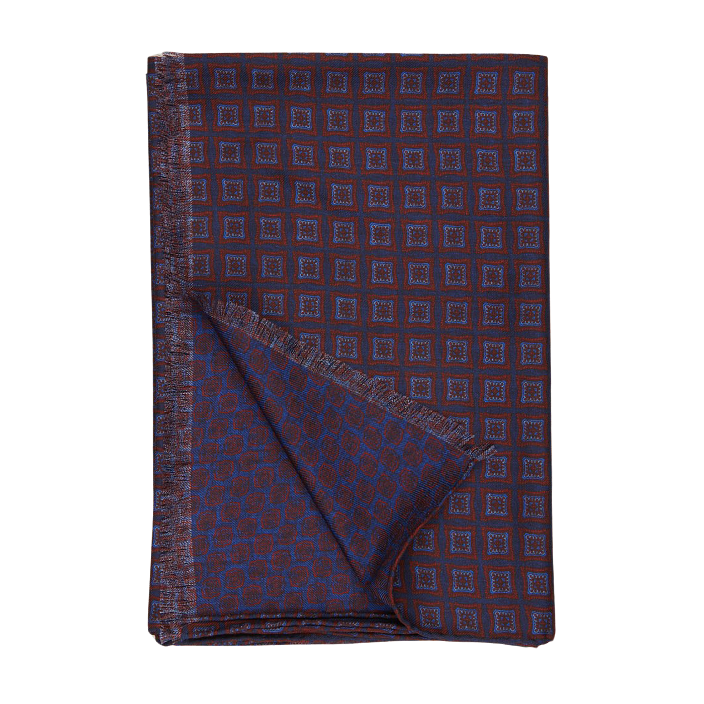 Silvio Fiorello navy red geometric wool silk double sided scarf.