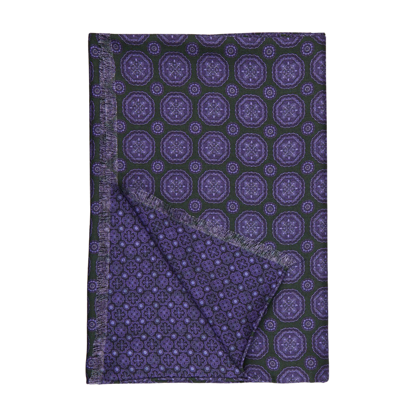 A green and purple geometric patterned double sided scarf by Silvio Fiorello.
