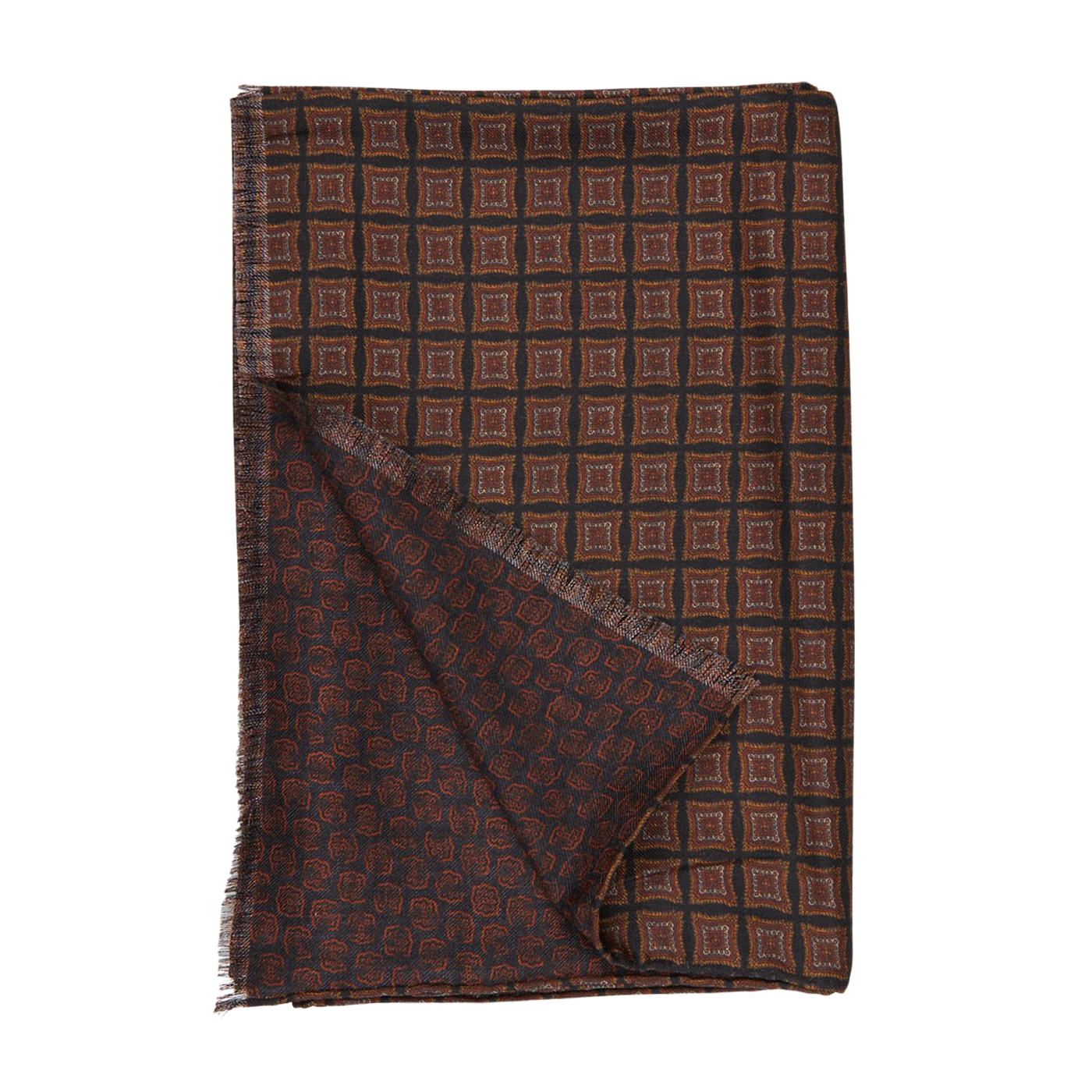 A Black Orange Geometric Wool Silk Double Sided Scarf, crafted by Silvio Fiorello.