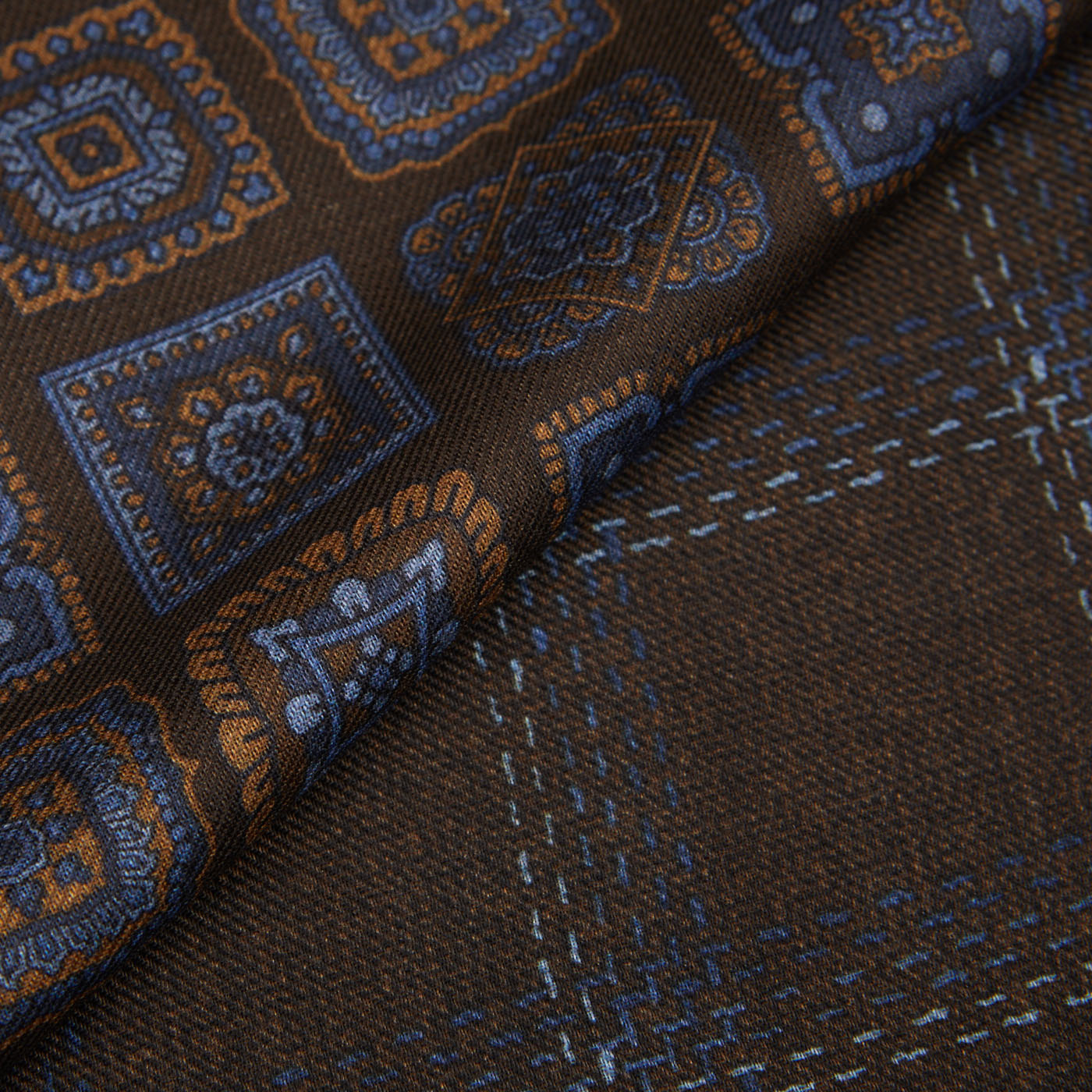 A close up of a brown paisley Silvio Fiorello tie.