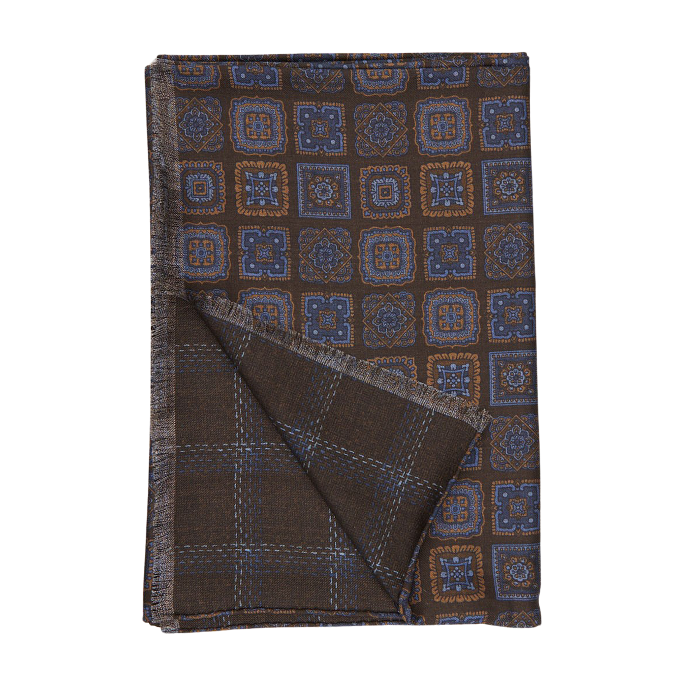 A Silvio Fiorello Brown Blue Geometric Wool Silk Double Sided Scarf on a white background.
