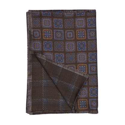 A Silvio Fiorello Brown Blue Geometric Wool Silk Double Sided Scarf on a white background.