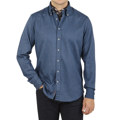 Stenströms Blue Washed Cotton Fitted Body BD Shirt Front