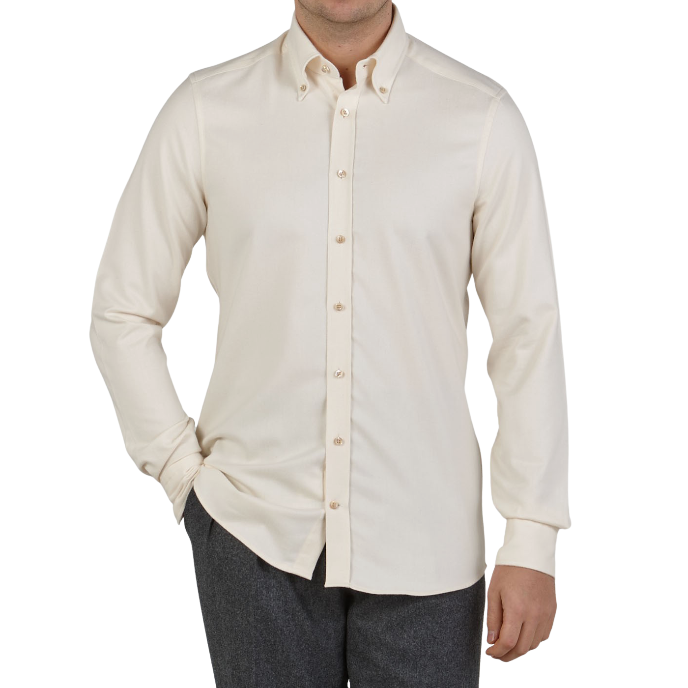 Stenströms Cream Beige Cotton Flannel Slimline Shirt Front1