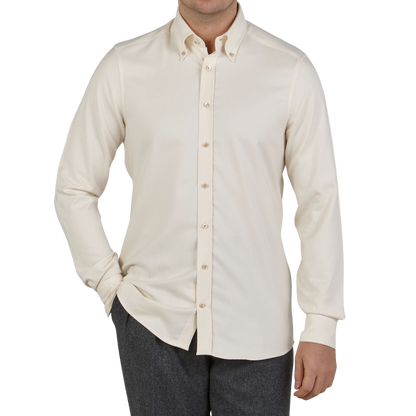 Stenströms Cream Beige Cotton Flannel Slimline Shirt Front1