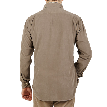 Stenströms Dark Taupe Cotton Corduroy Fitted Body Shirt Back