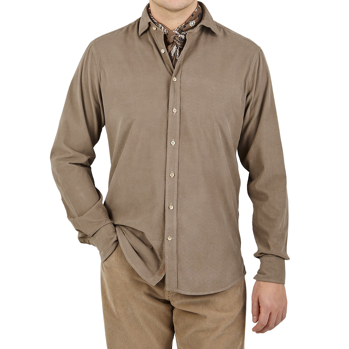 Stenströms Dark Taupe Cotton Corduroy Fitted Body Shirt Front