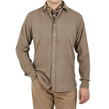 Stenströms Dark Taupe Cotton Corduroy Fitted Body Shirt Front