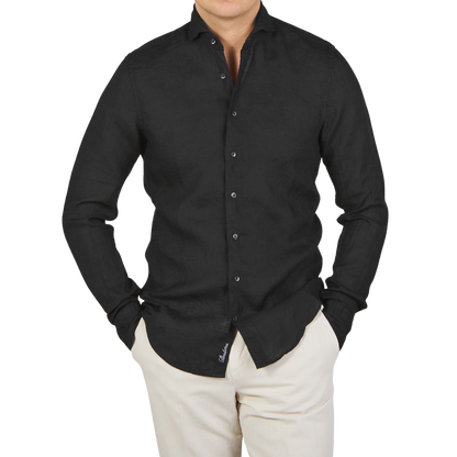 Stenströms Black Linen Cutaway Slimline Shirt Front