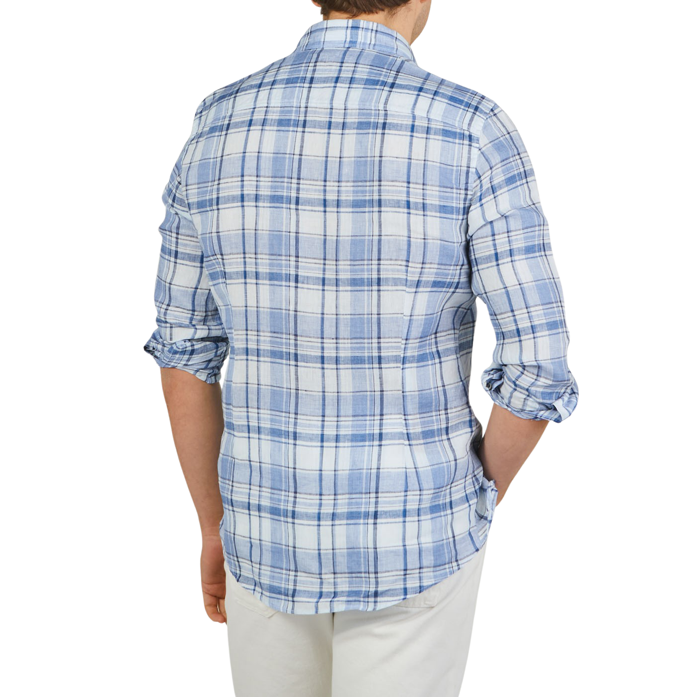 Stenströms Blue Checked Linen Cutaway Slimline Shirt Back